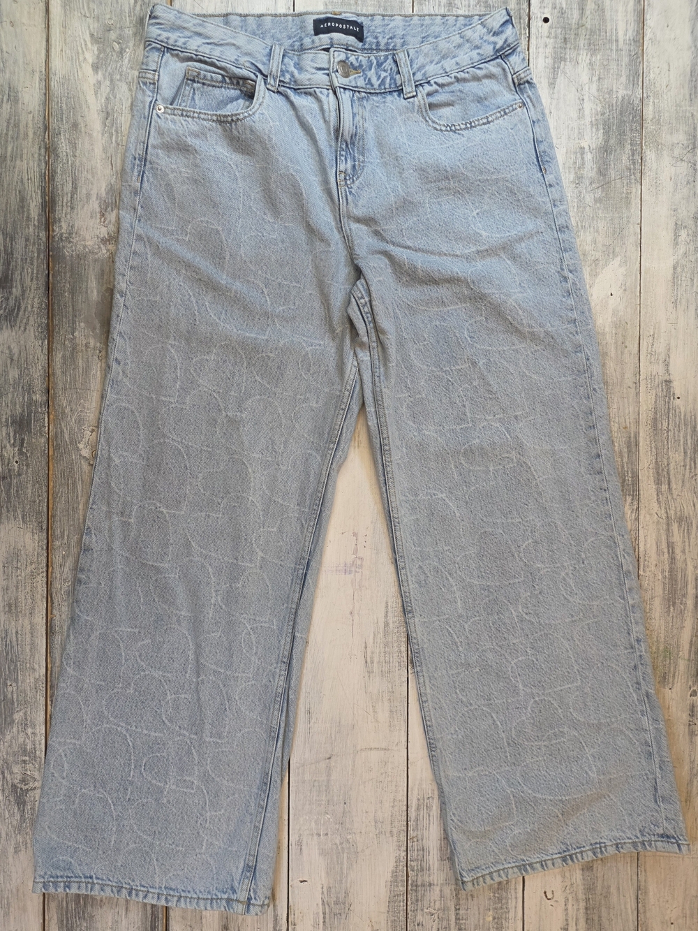 Aeropostale Women's Lt Blue Aero Baggy Wide Leg Jeans w Heart Print sz 10 Short